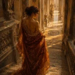 Honey Bronze nude painting renaissance featuring a draped classical figure ascending a grand marble staircase with warm golden architectural light for elegant interiors
