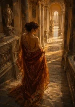 Honey Bronze nude painting renaissance featuring a draped classical figure ascending a grand marble staircase with warm golden architectural light for elegant interiors