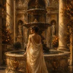Honey Bronze nude painting renaissance featuring a draped classical figure beside a monumental bronze fountain in an Italian palace courtyard for elegant interiors