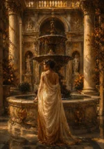 Honey Bronze nude painting renaissance featuring a draped classical figure beside a monumental bronze fountain in an Italian palace courtyard for elegant interiors