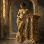 Antique Gold Luxe renaissance nude featuring a graceful classical figure beside a carved marble pedestal with warm golden architectural light for elegant interiors