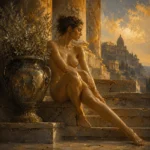 Antique Gold Luxe renaissance nude featuring a seated classical figure beside a bronze vessel on grand palace steps for refined interiors