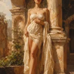 Clay & Moss renaissance nude woman featuring a graceful classical figure beside a carved marble column with warm morning light for elegant interiors
