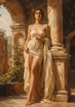 Clay & Moss renaissance nude woman featuring a graceful classical figure beside a carved marble column with warm morning light for elegant interiors