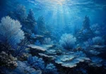 Ice blue coral reef wall art print featuring layered underwater formations and ocean landscapes for elegant interiors