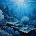Ice blue coral reef wall art print featuring layered underwater formations and ocean landscapes for elegant interiors