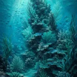Sea glass modern reef wall art print featuring a towering coral formation and flowing underwater plants for elegant interiors