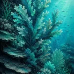 Sea glass modern reef wall art print featuring a branching coral colony and layered underwater textures for elegant interiors