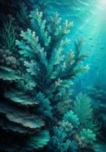 Sea glass modern reef wall art print featuring a branching coral colony and layered underwater textures for elegant interiors