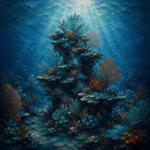 Prussian and rust coral reef canvas art print featuring a dramatic coral formation and deep ocean landscape for elegant interiors