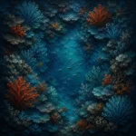 Prussian and rust coral reef canvas art print featuring a circular coral garden and deep underwater landscape for elegant interiors
