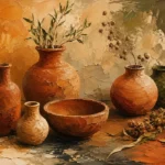 Clay and moss clay terracotta wall art featuring sculptural terracotta vessels with dried botanical accents for elegant interiors