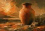 Clay and moss clay terracotta wall art featuring a monumental clay urn in a desert-inspired landscape for elegant interiors