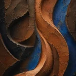 Walnut and blue terracotta abstract wall art featuring flowing clay ribbons and carved earthen surfaces for elegant interiors
