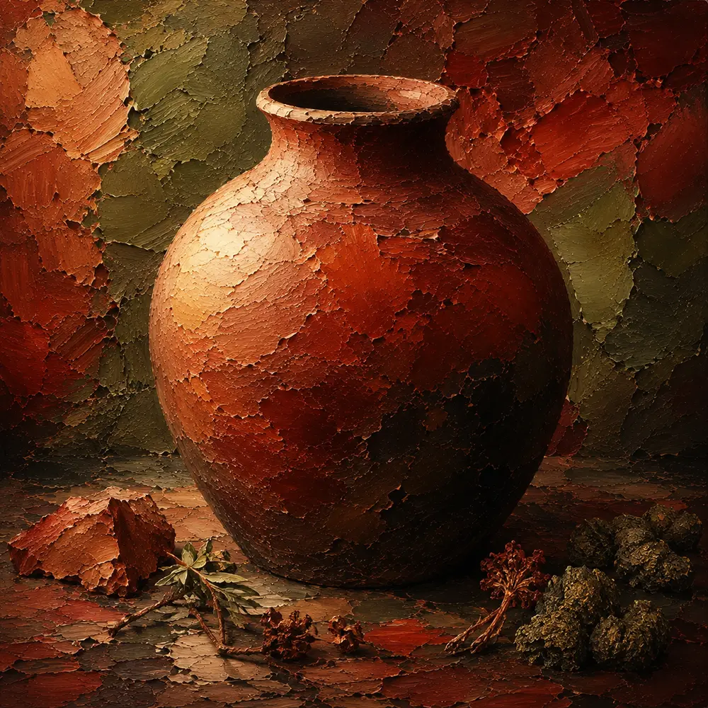Crimson Vessel Sunbaked Clay Vessel Art Oxblood & Olive Art Print