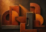 Honey bronze rust clay geometric wall art featuring interlocking ceramic forms and layered terracotta structures for elegant interiors