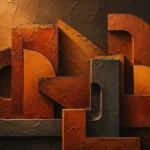 Honey bronze rust clay geometric wall art featuring interlocking ceramic forms and layered terracotta structures for elegant interiors