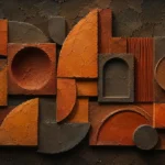 Honey bronze rust clay geometric wall art featuring abstract clay tiles with layered terracotta forms for elegant interiors