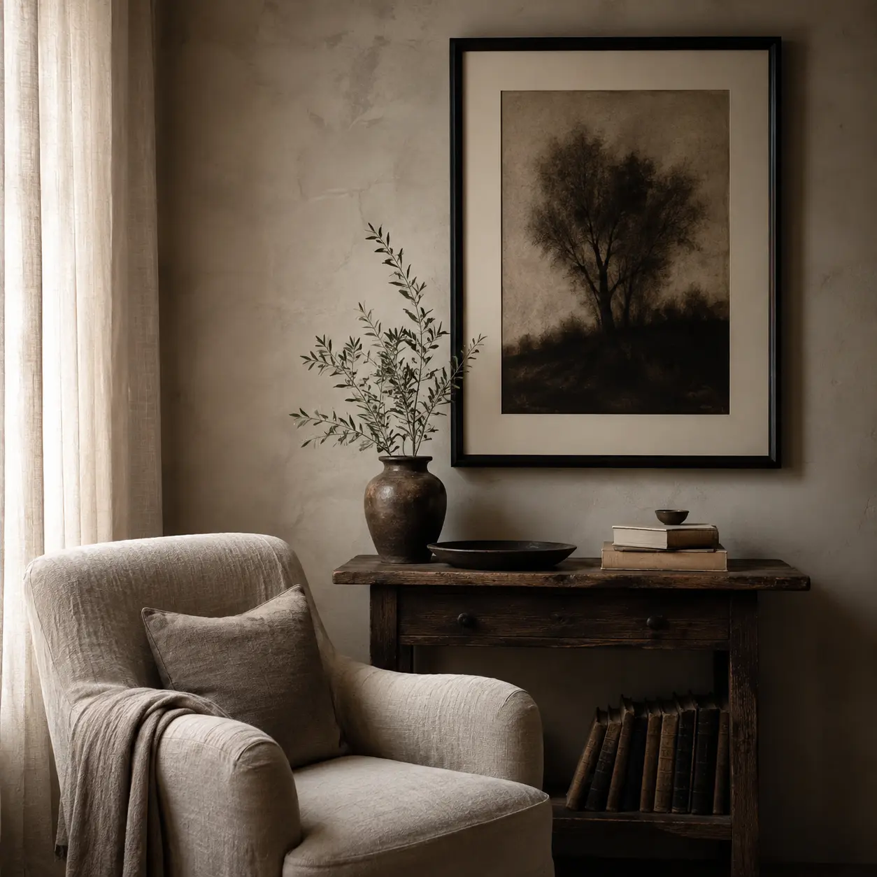 A memorable reading corner with personal objects, framed art, natural linen, and aged wood