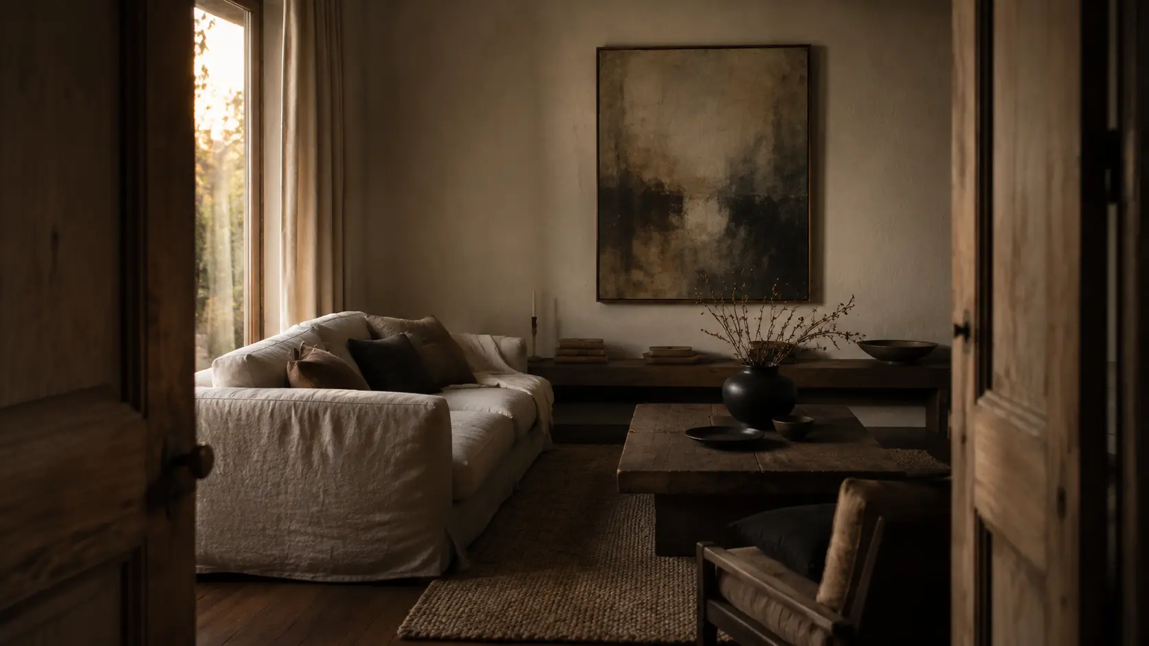 Why some rooms stay with us: a sophisticated living room shaped by art, texture, and soft natural light