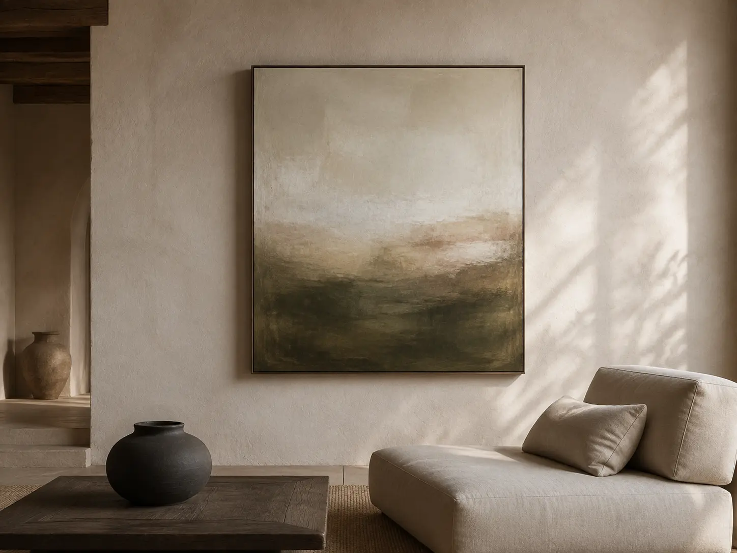 Living room wall art creating a refined focal point in a restrained gallery-inspired interior