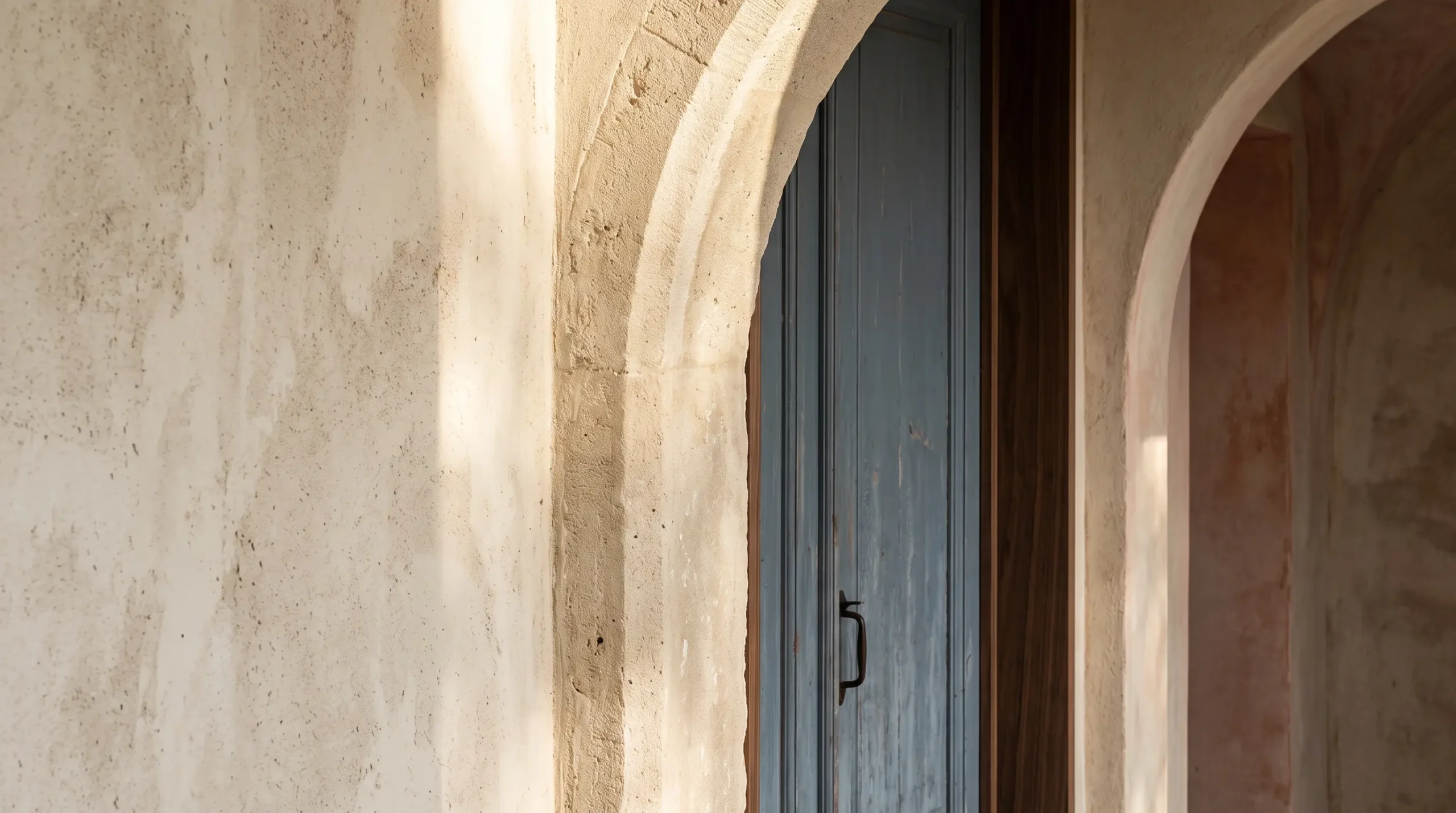 Weathered architectural surfaces showing muted blue, warm stone, plaster, and natural color relationships