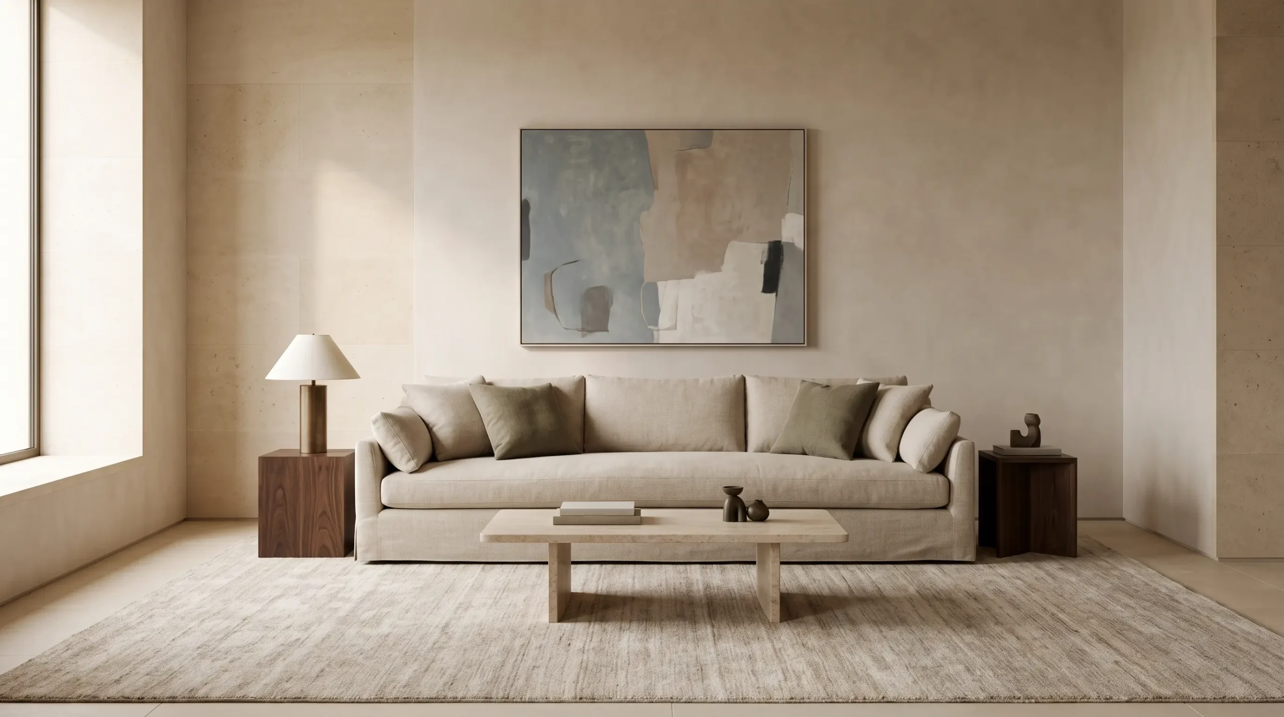 Quiet sophisticated interior with restrained neutral colors, natural materials, wall art, and soft afternoon light