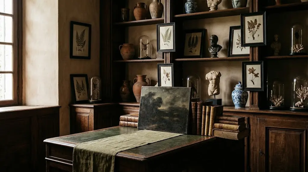 Old-world collector's study with paintings, books, sculpture and carefully gathered objects