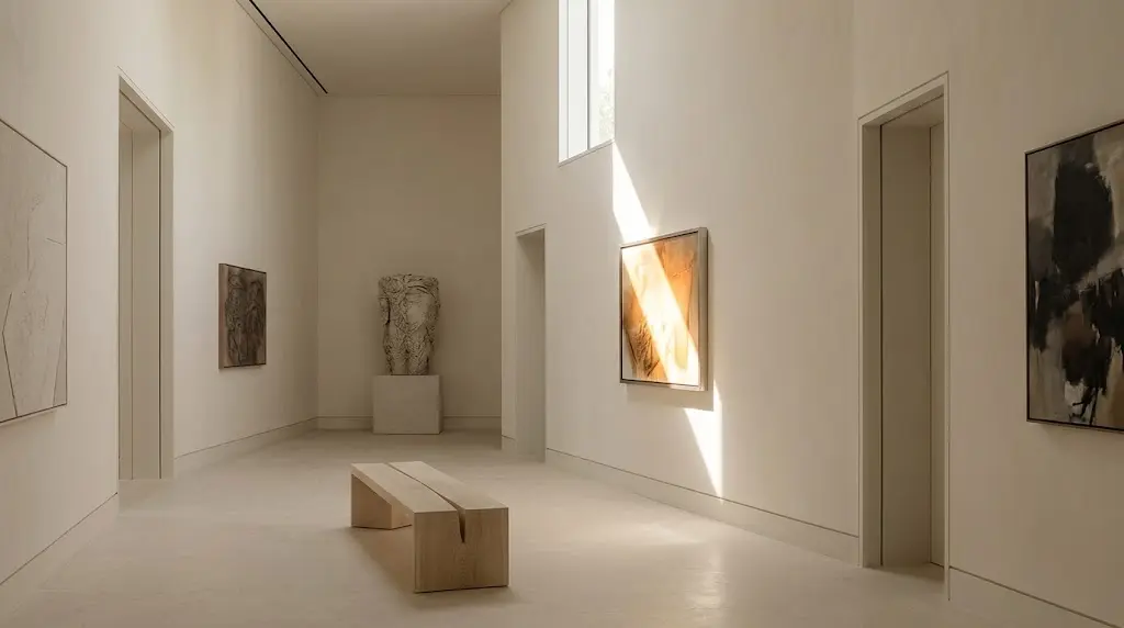 Gallery-inspired interior where one artwork captures attention through soft natural light