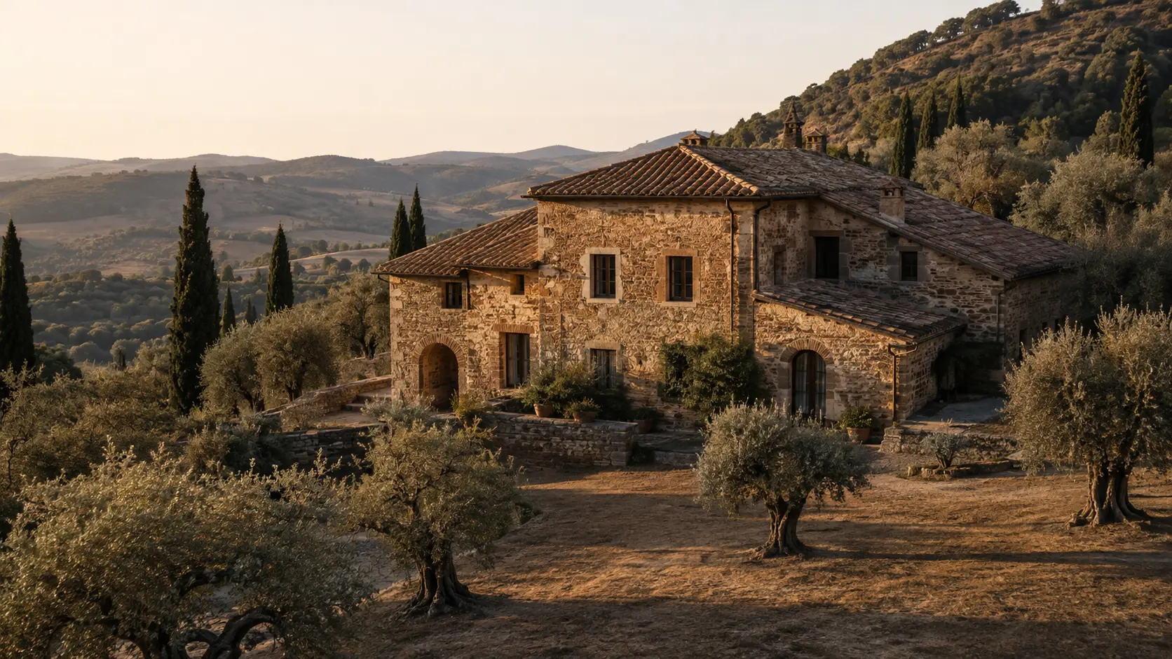 Tuscan color palette of weathered terracotta, limestone, olive foliage and warm sunlight