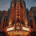 Rust Red Gallery retro movie wall art featuring a glowing Art Deco theater façade with warm marquee lighting for sophisticated interiors