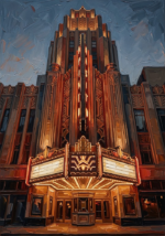 Rust Red Gallery retro movie wall art featuring a glowing Art Deco theater façade with warm marquee lighting for sophisticated interiors