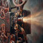 Rust Red Gallery retro movie wall art featuring a vintage film projector with polished reels, warm cinematic lighting, and classic mechanical details for elegant interiors