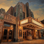 Copper vintage movie canvas print featuring an Art Deco cinema façade with bronze details and twilight lighting for elegant interiors