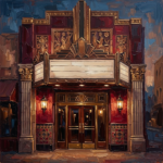 Merlot and Antique Gold vintage movie wall decor print featuring an Art Deco cinema entrance with bronze details and warm evening lighting for elegant interiors