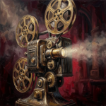 Merlot and Antique Gold vintage movie wall decor print featuring an antique projector with brass reels and cinematic lighting for elegant interiors
