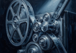 Silver and Cobalt film reel decor print featuring an antique projector reel with precision gears and cool cinematic lighting for elegant interiors