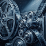 Silver and Cobalt film reel decor print featuring an antique projector reel with precision gears and cool cinematic lighting for elegant interiors