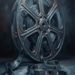 Dusty Blue Gallery movie reel wall decor print featuring an antique film reel with cascading celluloid and cool metallic tones for elegant interiors