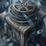 Dusty Blue Gallery movie reel wall decor print featuring vintage film strips and cinema reels with cool metallic tones for elegant interiors