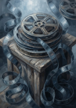 Dusty Blue Gallery movie reel wall decor print featuring vintage film strips and cinema reels with cool metallic tones for elegant interiors