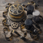 Charcoal and gold film reel wall decor print featuring vintage movie reels, projection gears, and archival cinema details for elegant interiors
