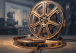 Apricot movie reel artwork print featuring an antique film reel with coiled celluloid and metallic details for elegant interiors