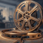 Apricot movie reel artwork print featuring an antique film reel with coiled celluloid and metallic details for elegant interiors