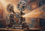 Apricot movie reel artwork print featuring a vintage projector with twin reels and exposed mechanical gears for elegant interiors