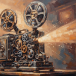 Apricot movie reel artwork print featuring a vintage projector with twin reels and exposed mechanical gears for elegant interiors