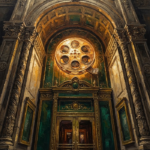 Amber and emerald movie reel wall art print featuring a vintage cinema entrance with ornate doors and glowing reel emblem for elegant interiors