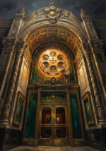 Amber and emerald movie reel wall art print featuring a vintage cinema entrance with ornate doors and glowing reel emblem for elegant interiors