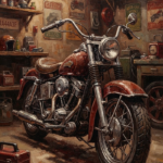 Oxblood and olive retro biker garage art print featuring a vintage motorcycle with rugged workshop details for elegant interiors