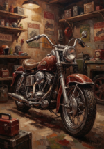 Oxblood and olive retro biker garage art print featuring a vintage motorcycle with rugged workshop details for elegant interiors